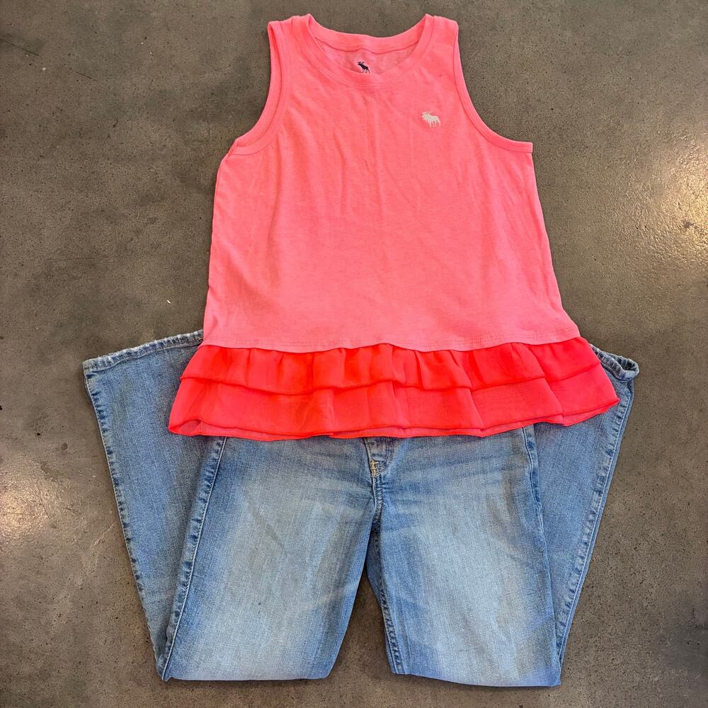 Abercrombie kids neon pink ruffle top high rise straight light jeans girls 9 set